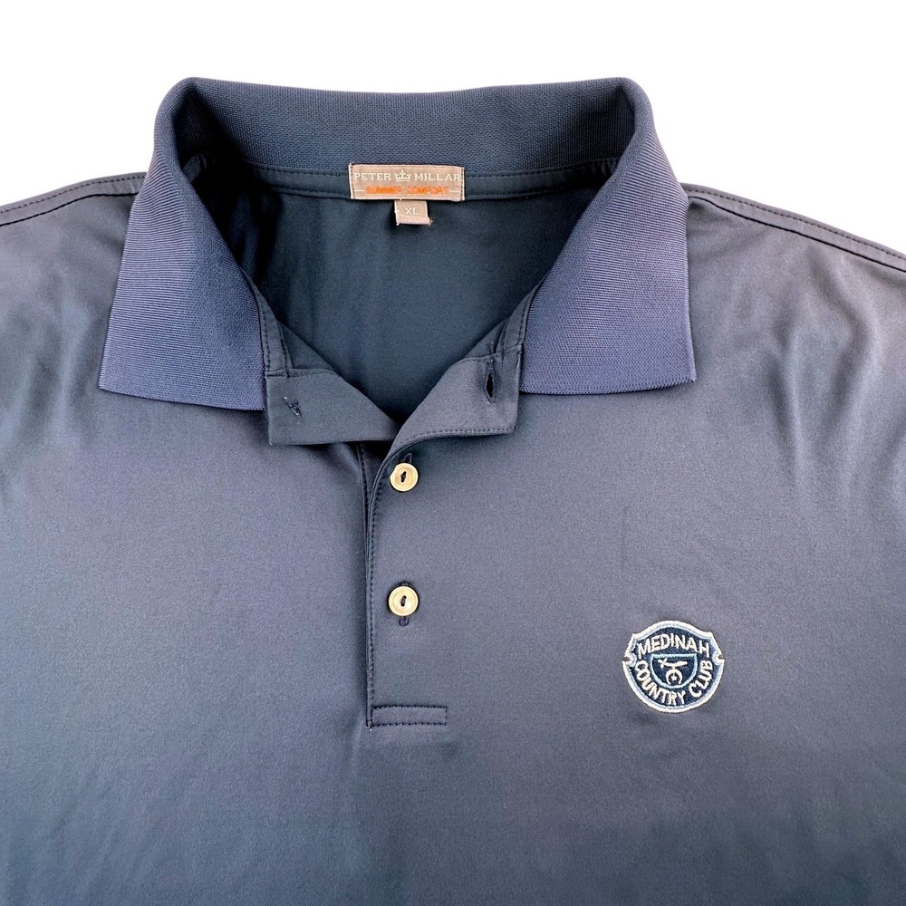 Peter Millar Mens‎ XL Polo Shirt Navy Blue Medinah Country Club Summer Comfort